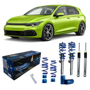 JOM BlueLine coilover-alustasarja VW Golf (8 (CD)) 2019- (Maksimi akselimassa etu/taka: 1100 kg / 980 kg. Sopii vain autoihin, joissa on erillisjousitettu taka-akselisto.)