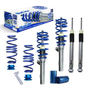 JOM BlueLine coilover-alustasarja Audi A3 (GY) 2020- (Maksimi akselimassa etu/taka: 1100 kg / 980 kg. Sopii vain autoihin, joissa on erillisjousitettu taka-akselisto.)